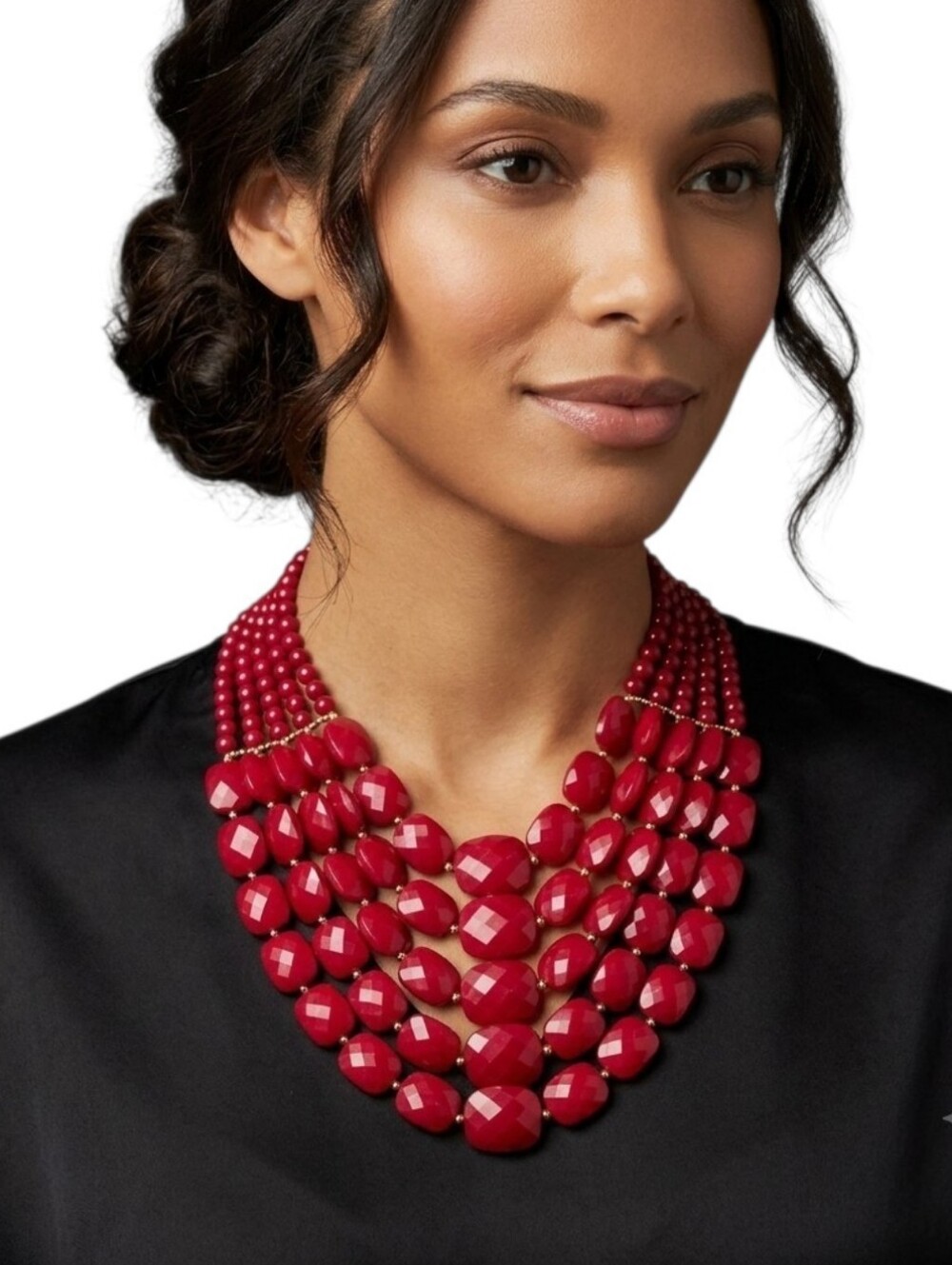 You & I Red Faceted Bead Multi-Strand Statement Necklace | Chunky Crimson Collar